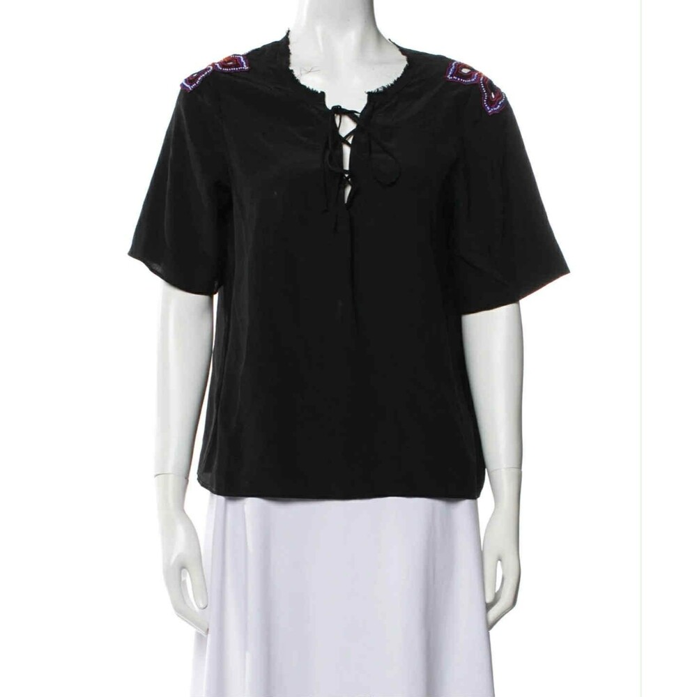 SANDRO Paris Women's SILK Black Tie Beaded Cut Out Floral Top Elegant Boho 2 M